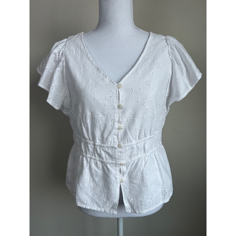 T&T Babydoll Eyelet Embroidered White Peplum Top‎ Flutter Sleeve Boho M Resort